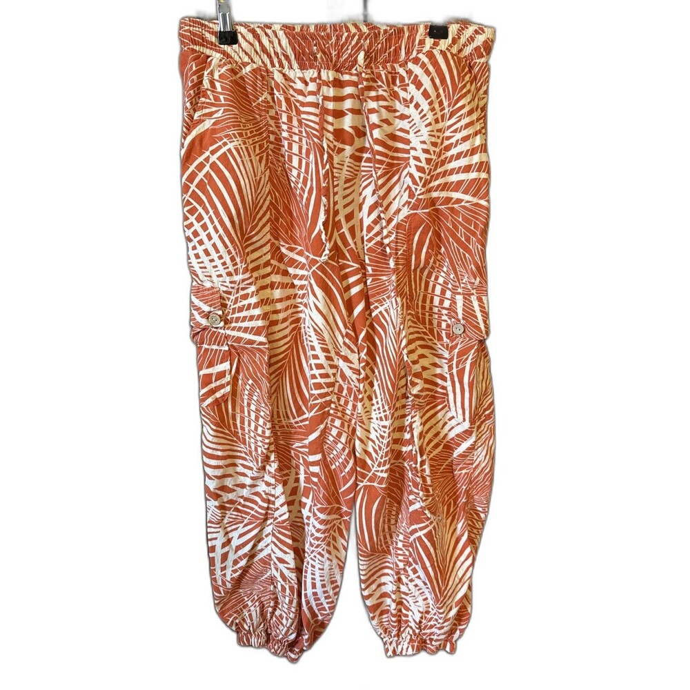 Tropical Leaf Pant Shirt Set Soft Linen Blend Sz Lg Beach Resort Panama Jack - Picture 4 of 10